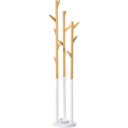 HOMCOM oblikovno stojalo za plašče s stojalom za dežnike in 13 kljukami, kovina in bambus, 30,5x30,5x174,5 cm, les in bela barva, (20745390)