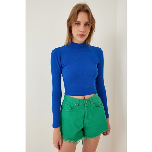 Happiness İstanbul Women's Vibrant Blue Ribbed Turtleneck Crop Knitted Blouse Slike