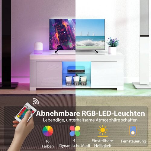  TV ormarić s LED rasvjetom 2 vrata ormarića staklena polica otvori za kabele za dnevni boravak iverica bijela Slike