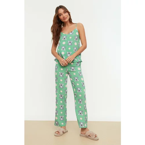 Trendyol Green Koala Patterned Frilly Undershirt-Pants Woven Pajamas Set