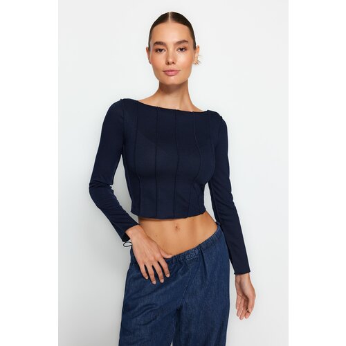 Trendyol Navy Blue Stitching Detail Carmen Collar Fitted/Situated Corduroy Knitted Blouse Slike