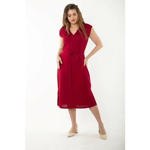 Şans Women's Plus Size Burgundy V-Neck Belted Waist Jersey Dress Slike