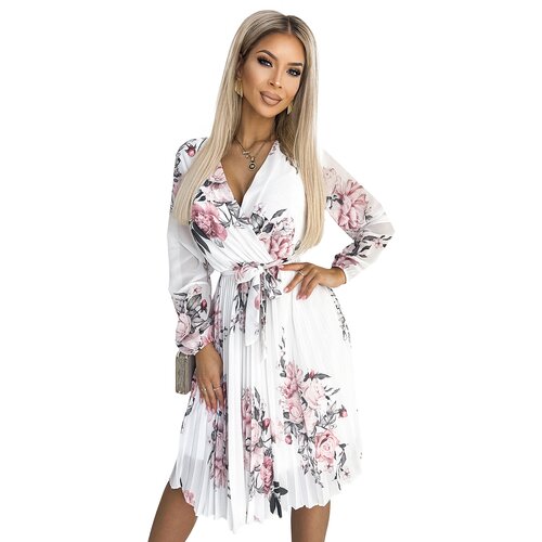 Numoco Pleated dress with neckline, long sleeves and belt Slike