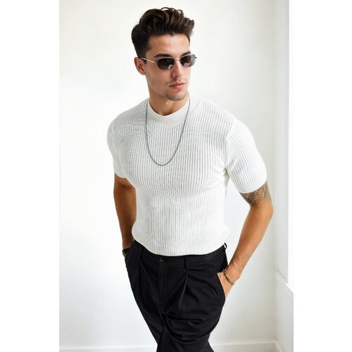 Dewberry 33307 Mens Crew Neck Short Sleeve Thin Knit Sweater-WHITE Slike