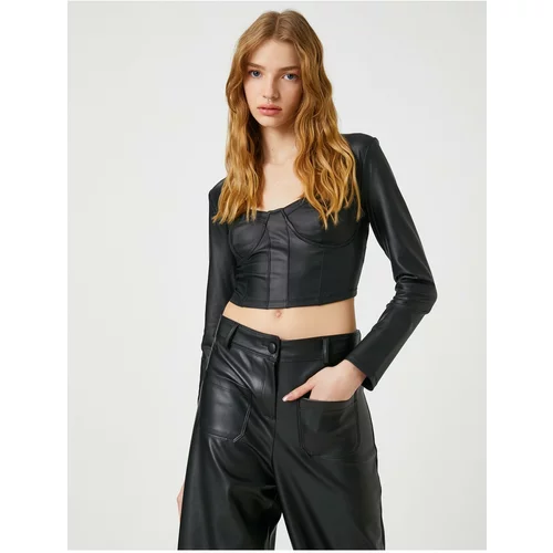 Koton Leather Look Bustier Long Sleeves Square Collar