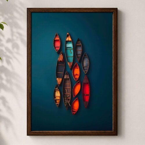 Wallxpert uramljena mdf slika 3752KACT-032, &scaron;areni čamci na tamnotirkiznoj vodi, pogled odozgo, 37 x 52 cm Cene