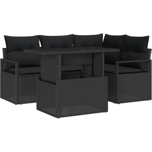 VidaXL 5-dijelni vrtni sofa set s jastučićima Crni poli ratan, 2-sjedni vrtni sofa s pohranom &amp;amp; jastučićima Crni poli ratan Slike
