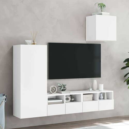  4-dijelni zidni TV elementi bijeli od konstruiranog drva Slike
