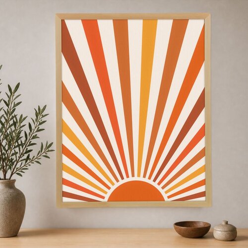 Wallxpert uramljena slika na platnu Cc-D-Ah-1020, retro sunce sa zracima u narandžastim i žutim tonovima, 45 x 60 cm Slike