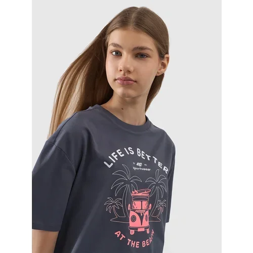 4f Girls' oversize T-shirt with print - grey