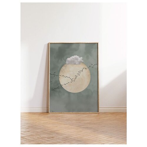 Wallxpert uramljena slika 115221, beli oblak i jato ptica ispred meseca na sivozelenoj pozadini, 50 x 70 cm, ram u boji prirodnog drveta Slike