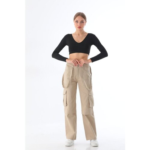 BİKELİFE Women's Beige High Waist Multi-Pocket Strap Detail Straight Fit Cargo Pants Slike