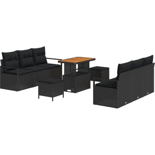  9-komadni Vrtni Sofa Set s Jastucima Crni Poli Ratan Akacija Slike