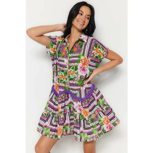 Trendyol Floral Patterned Wide Fit Mini 100% Cotton Beach Dress with Woven Tapes and Accessories