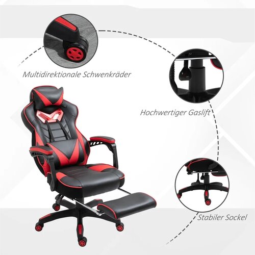  Ergonomska gamerska stolica okretna s uvlačivim osloncem za noge podesivim naslonom PU koža crna‑crvena Slike