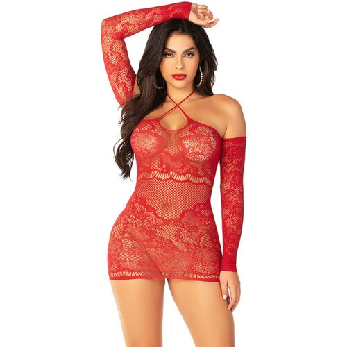 LEG AVENUE DRESSES LEG AVENUE - OFF-SHOULDER LONG-SLEEVED MESH MINI DRESS RED Cene