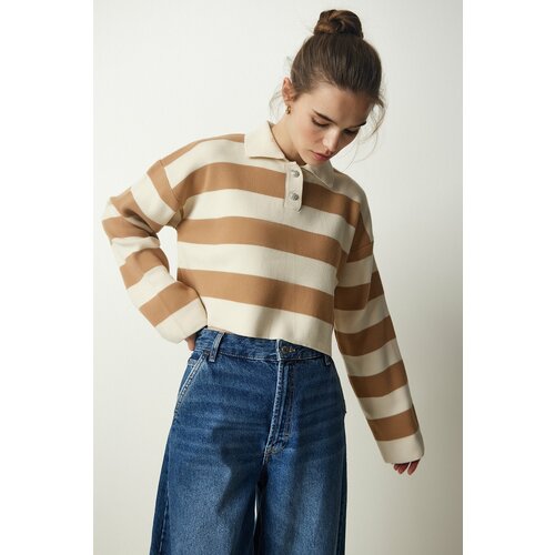 Happiness İstanbul Women's Cream Biscuit Stylish Buttoned Collar Striped Crop Knitwear Sweater Slike