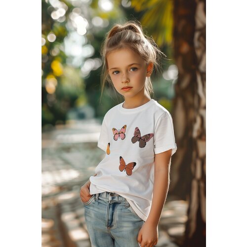 Trendyol Girl&amp;#039;s White Butterfly Patterned Knitted T-Shirt Slike