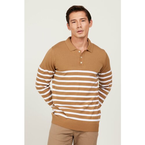 ALTINYILDIZ CLASSICS Men's VIZON-ECRU Standard Fit Regular Cut Polo Neck Striped Knitwear Sweater Cene
