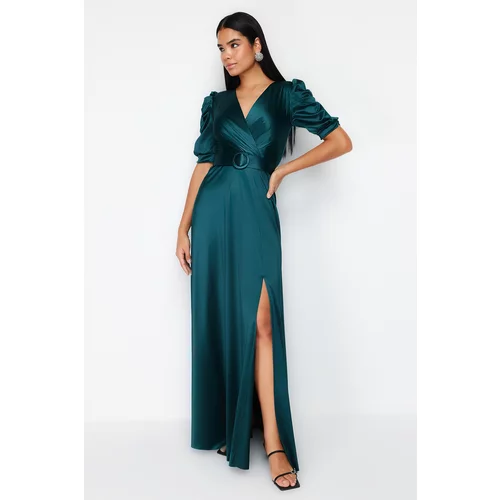 Trendyol Emerald Green Belt Detailed Knitted Long Evening Dress