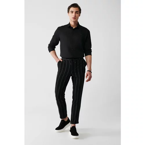 Avva Men's Black Back Elastic Waist Double Leg Striped Stretchy Relaxed Fit Relaxed Cut Jogger Pants