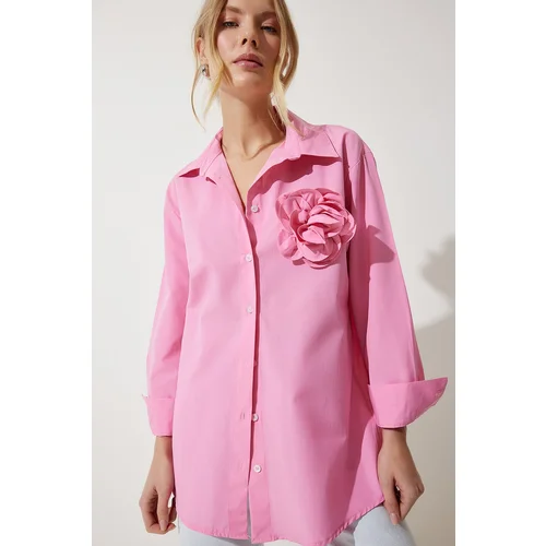 Happiness İstanbul Women's Pink Premium Flower Brooch Detailed Shirt