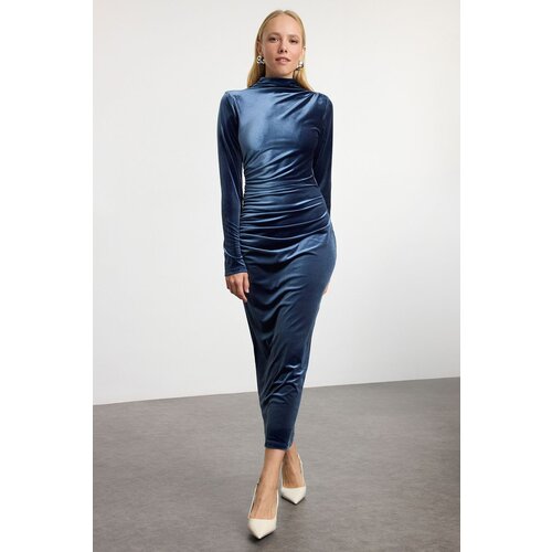 Trendyol Indigo Straight Ruffle/Drape Detailed High Collar Midi Bodycone/Fitting Knitted Dress Slike