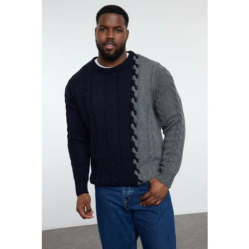 Trendyol Navy Blue FL Men's Slim Crew Neck Color Block Knitwear Plus Size Sweater