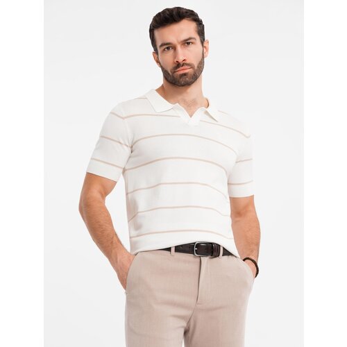 Ombre Men's horizontal striped viscose polo shirt - white and beige Cene