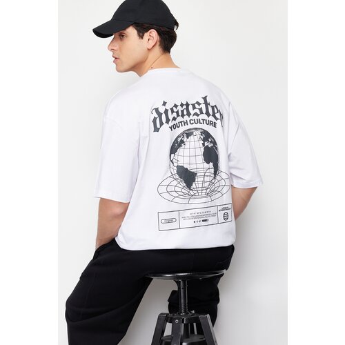 Trendyol Men&amp;#039;s White Oversize/Wide-Fit Fluffy Text Print Short Sleeve 100% Cotton T-Shirt Slike
