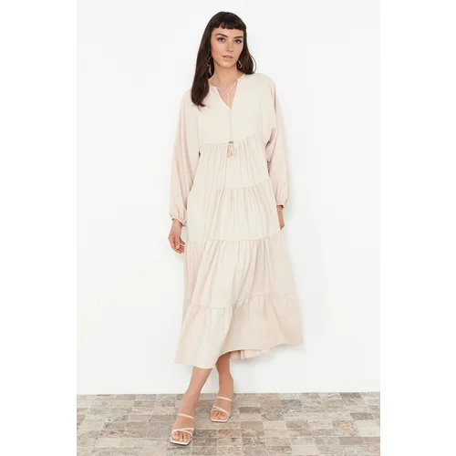 Trendyol Beige Tassel Tie Detailed Woven Dress