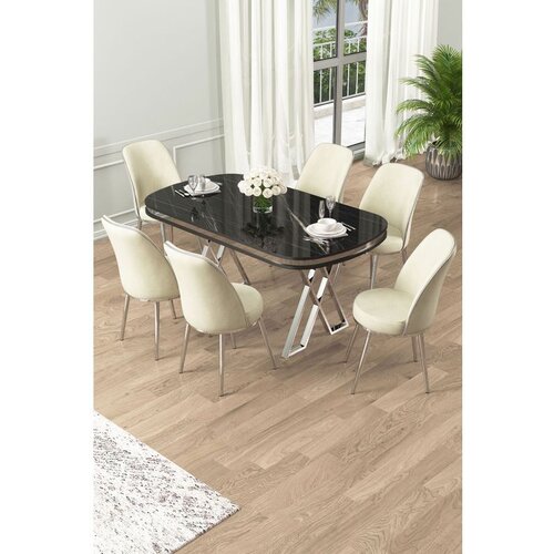 Hanah home Lai - Black Marble, Chrome, Cream Black MarbleChromeCream Dining Table & Chairs Set (7 Pieces) Cene