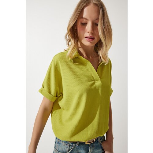  Women's Oil Green Polo Neck Knitted Crinkle Blouse Cene