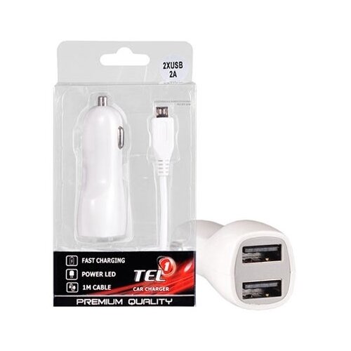  Auto Punjač za mobitel Tel1 2xUSB 2A WHITE + MicroUSB cable Cene