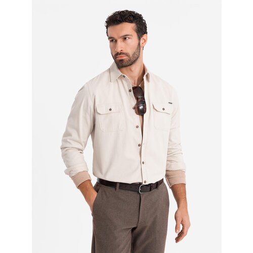 Ombre Men's REGULAR FIT cotton shirt with buttoned pockets - cream Cene