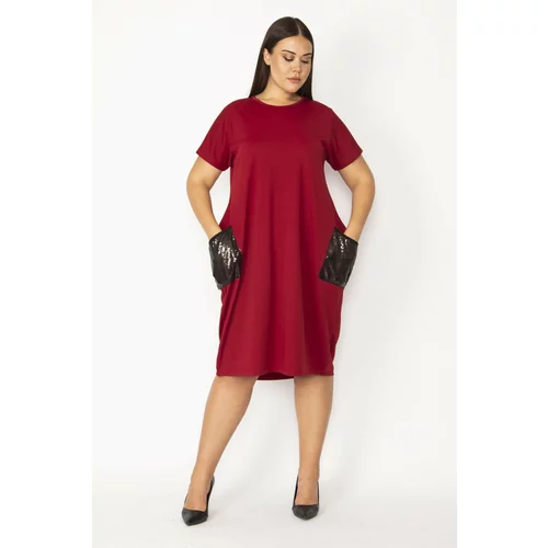 Şans Women's Plus Size Burgundy Pocket Sequin Detailed Dress