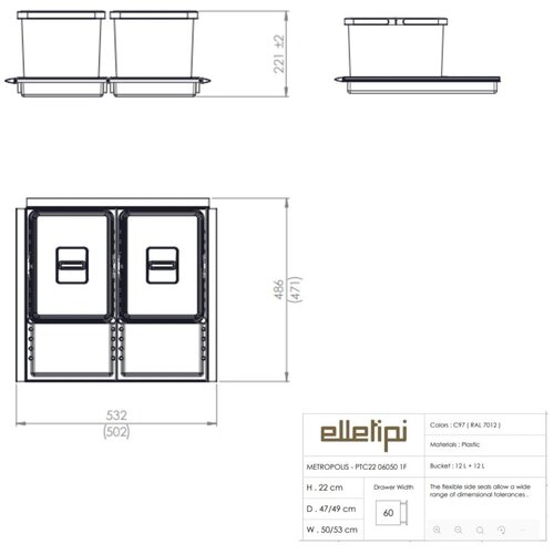 Elletipi Siva plastična kanta za smeće 2x12 l za odvojeni otpad/ugradbena Metropolis Flip-up &amp;ndash; Slike