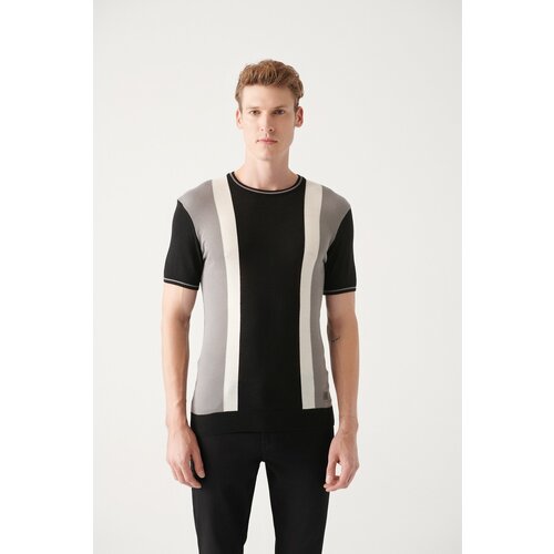 Avva Men's Black Crew Neck Color Block Ribbed Standard Fit Normal Cut Knitwear T-shirt Slike