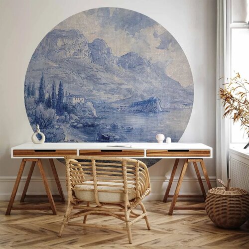  Okrugla fototapeta - Blue bay - Italian landscape of Lake Como painted with blue ink 280x280 Cene