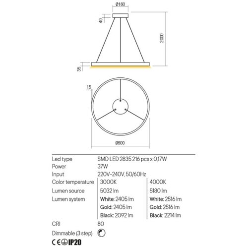  Redo 01-2865 - LED prigu&amp;scaron;iva luster na sajli FEBE LED/37W/230V zlatna Slike