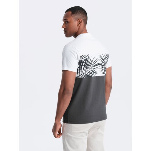 Ombre Men's two-tone t-shirt with palm leaf print - dark grey Cene