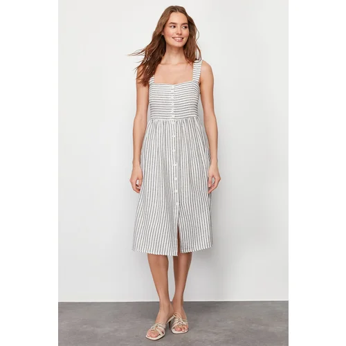 Trendyol Ecru Buttoned Midi Woven Linen Look Dress