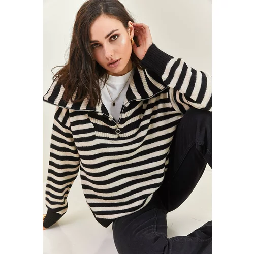 Bianco Lucci Women's Turtleneck Zipper Striped Oversized Knitwear Sweater