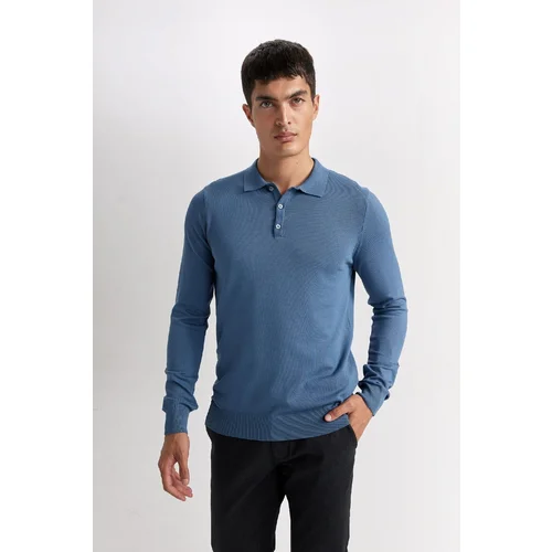 Defacto Men's Dark Blue Standard Fit Regular Cut Polo Collar Soft Textured Premium Knitwear Sweater