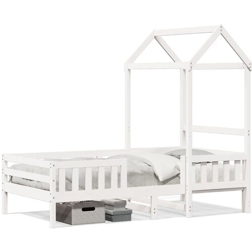 Maison Chic Posteljni okvir - Enojna postelja - Postelja za odrasle s streho bel 100x200 cm trdna borovina, (21695266) Slike