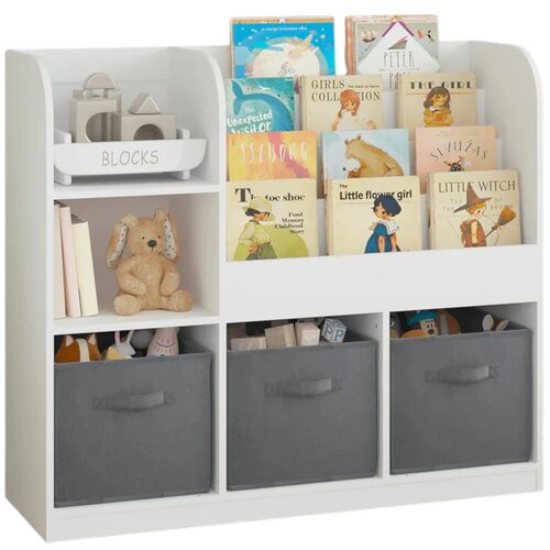 Kinder Home Dečiji organizator polica za knjige sa policama za igračke i knjige, 3 tekstilne kutije, drveni, beli, 92x30x80 cm, Montesori Slike