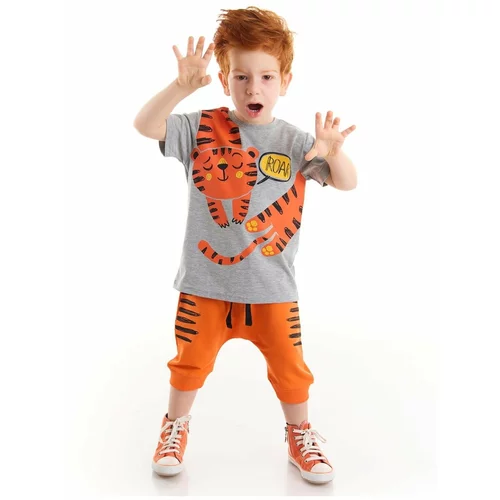 Denokids Roar Tiger Boys Gray T-shirt Orange Capri Shorts Set