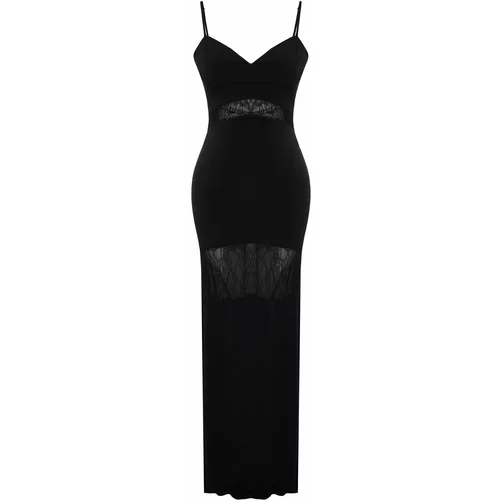 Trendyol Black Body-Sitting Knitted Lace Detailed Long Evening Dress