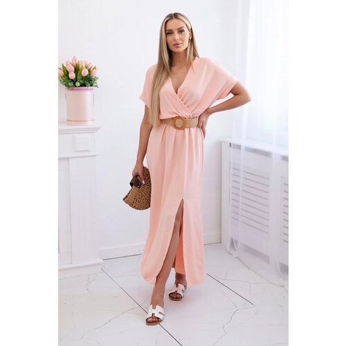 Kesi Włoski Long dress with a decorative belt apricot Slike