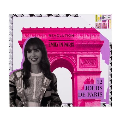 Revolution Emily In Paris 12 Jours De Paris Advent Calendar Set senčilo za oči 3 kos + maskara 1 kos + aplikator za ličenje 1 kos + fiksirni sprej 1 kos + šminka 2 kos + podlaga za ličila 1 kos + umetne trepalnice 1 par + črtalo za ustnice 2 kos Cene